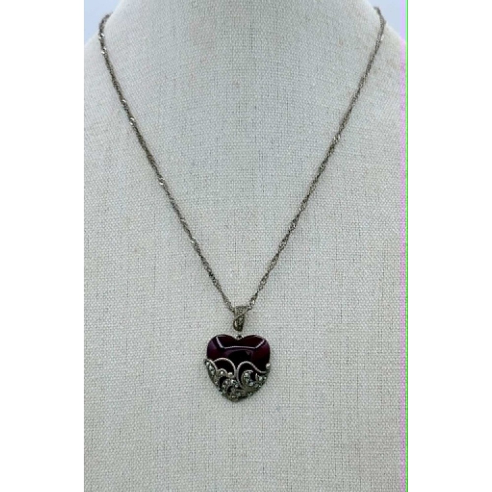 Vintage Ross Simons Sterling Silver Marcasite Red Glass Heart Pendant Necklace